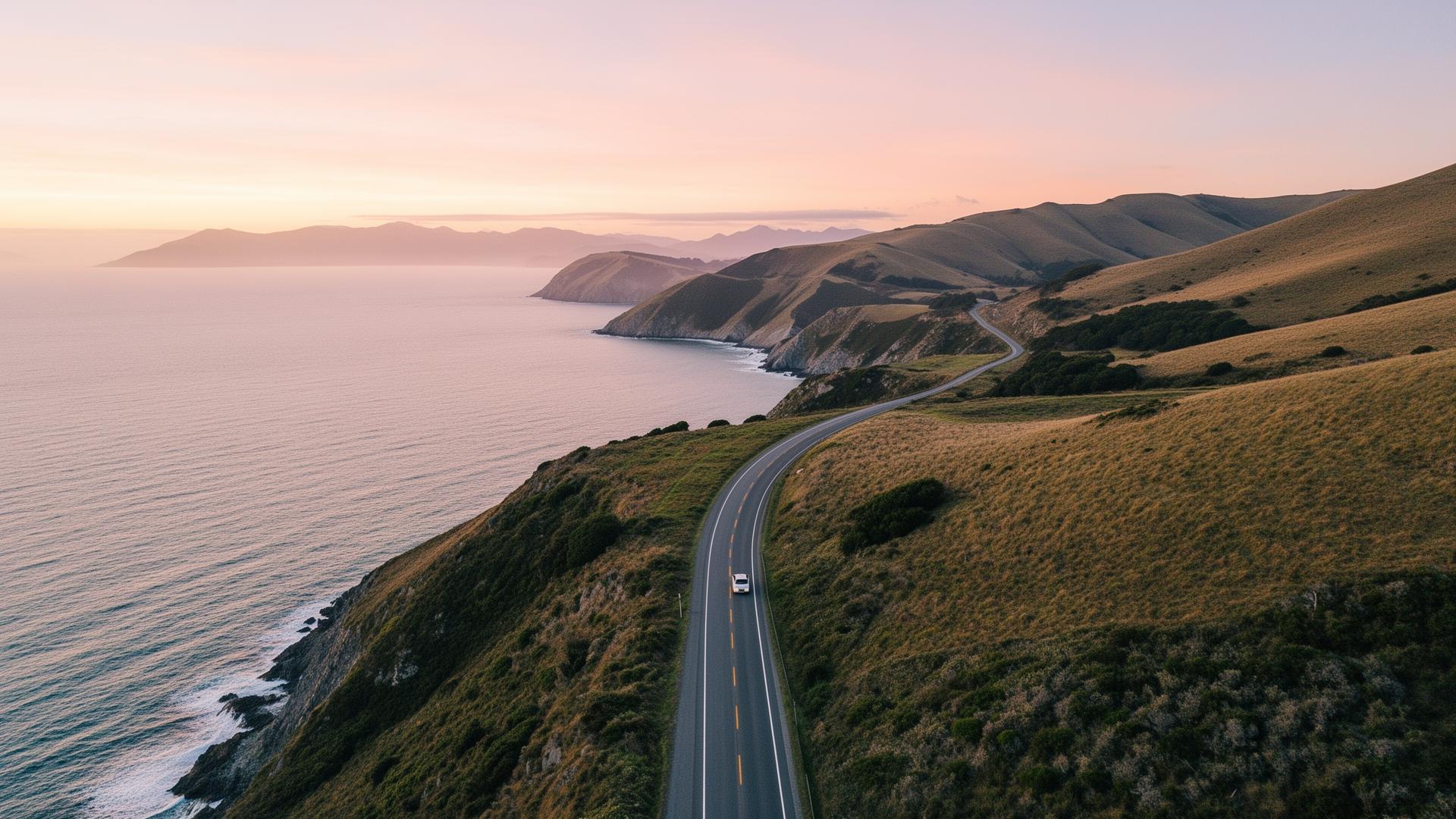 Coastal New Zealand road at sunrise